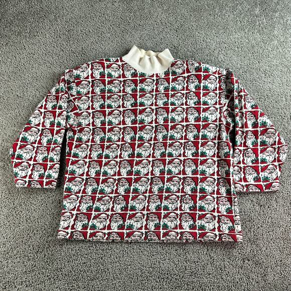 VINTAGE Cambridge Christmas Sweater Womens M Santa Claus AOP Mock Neck Ugly 90s - Picture 1 of 12